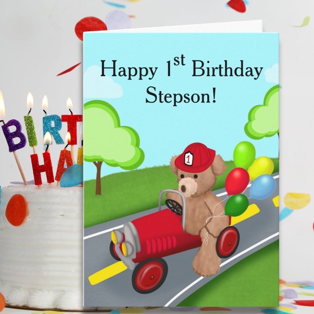 Stepson Happy 1. Geburtstag Teddy Bear Fireruck Karte (Von Creator hochgeladen)