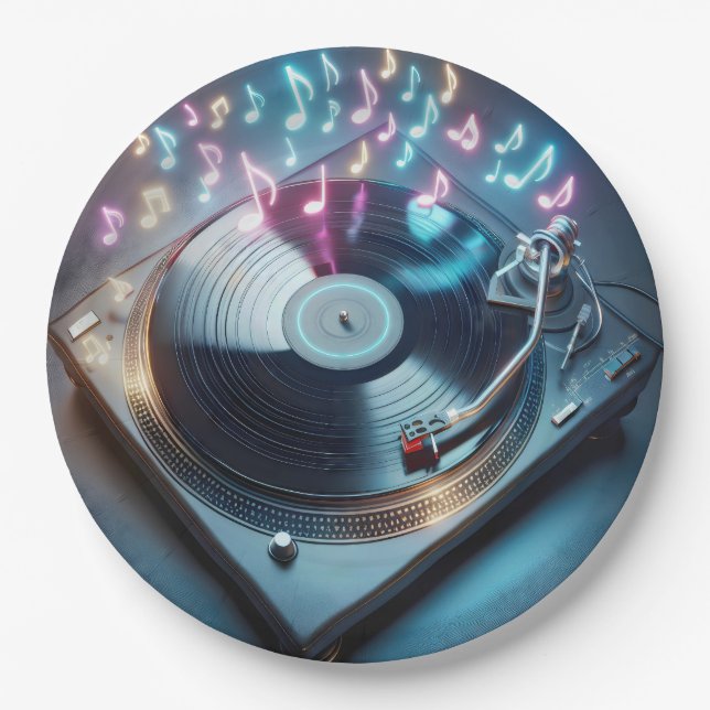 Stereo-Turntable mit Neonnotizen Pappteller (Vorderseite)