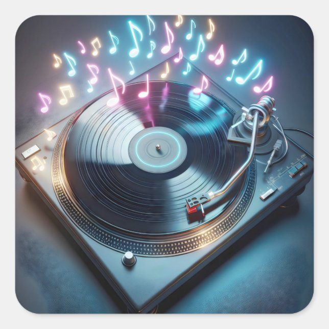 Stereo-Turntable mit Neonnotizen Quadratischer Aufkleber (Vorderseite)