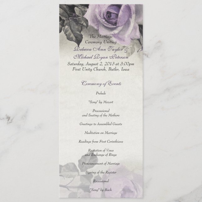Sterling Silber Lila Rosen Hochzeitsprogramm Programm (Vorderseite)