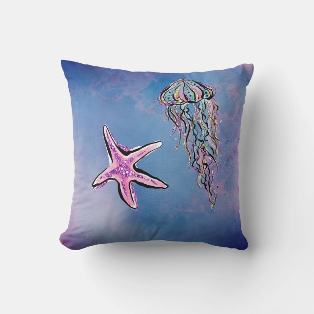 *~* Stern-Fisch-Qualle-abstrakter StrandWatercolor Kissen (Vorderseite)