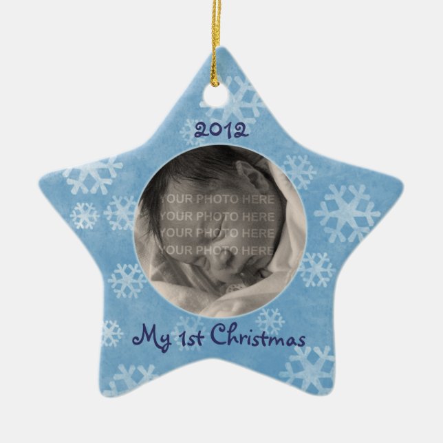Stern-Foto-Verzierung des Babys erste Weihnachts Keramikornament (Vorne)