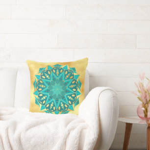 Stern-Mandala Blau Gold auf weichem goldfarbenem H Kissen