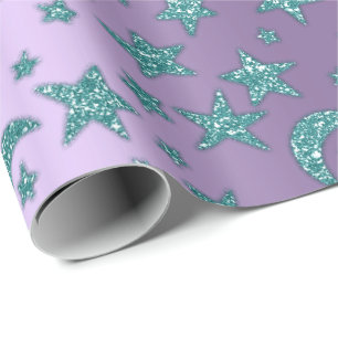 Stern-Mond-funkelnd aquamarine lila Glitzer-Nacht Geschenkpapier