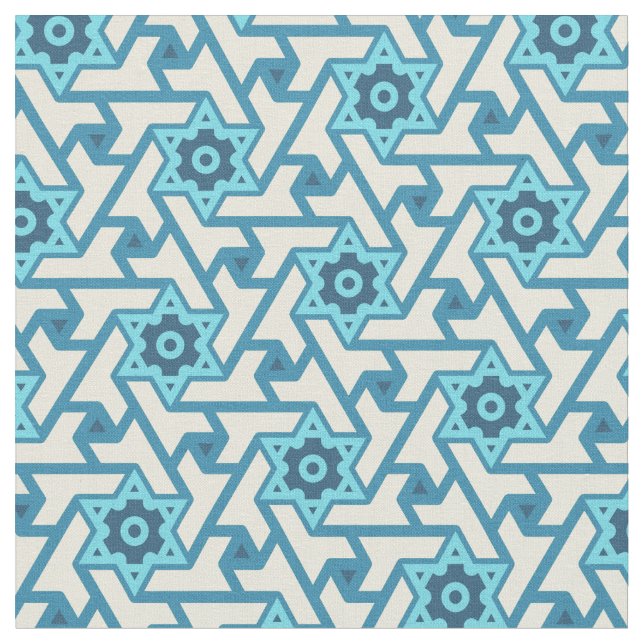 Stern-von-David-Muster Blau und Cremefarbenes Must Stoff (Nahaufnahme)
