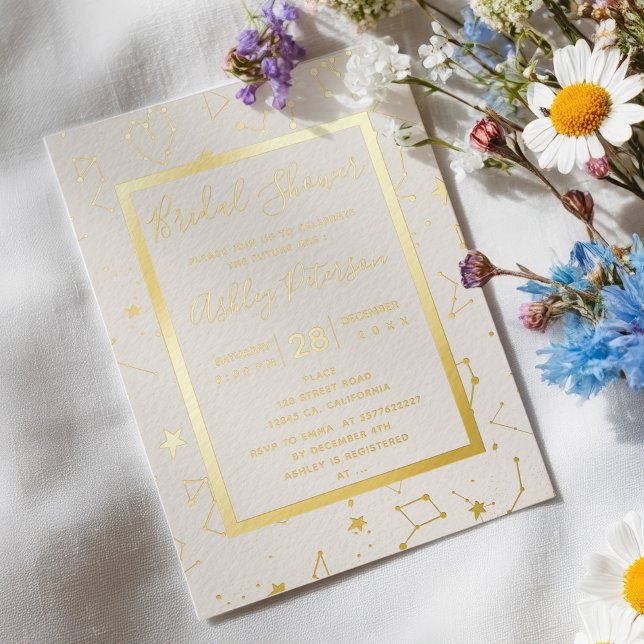 Sternbilder des Herzens beige Brautparty Folieneinladung (Heart constellation stars beige bridal shower foil invitation)