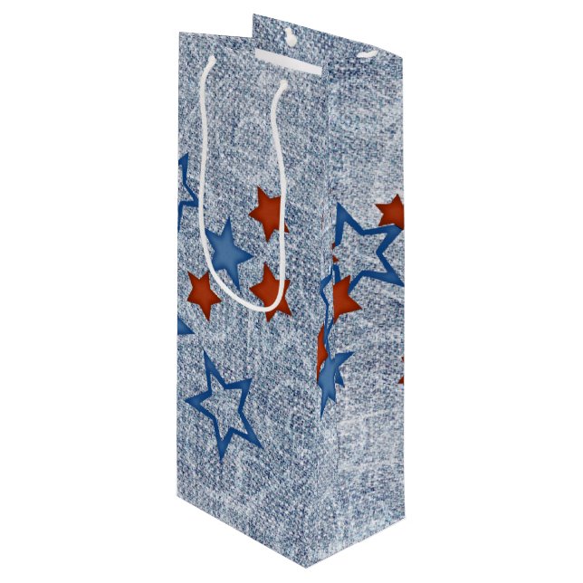 Sterne auf Denim Geschenktüte Für Weinflaschen (Vorderseite Schrägansicht)