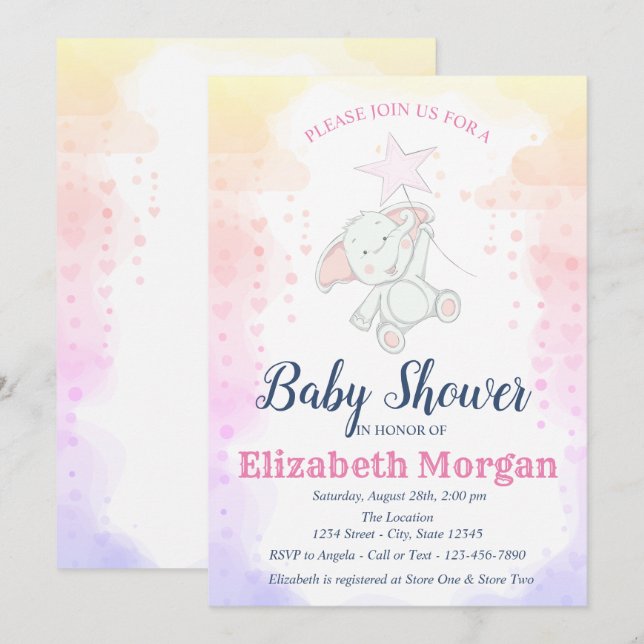 Sterne, Baby Girl Elephant Baby Dusche Einladung (Vorne/Hinten)