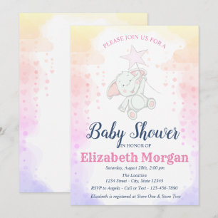 Sterne, Baby Mädchen Elefant  Babyparty Einladung