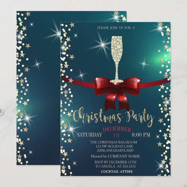 Sterne, Champagner Glass, Red Bow Christmas Compan Einladung (Vorne/Hinten)