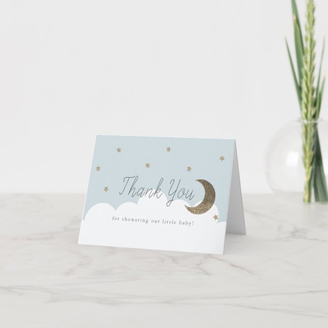 Sterne & Crecsent Moon Blue Baby Dusche Dankeskarte (Vorderseite)