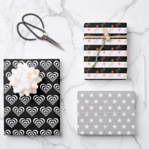 Sterne & Herzen auf Schwarz und Weiß Geschenkpapier Set