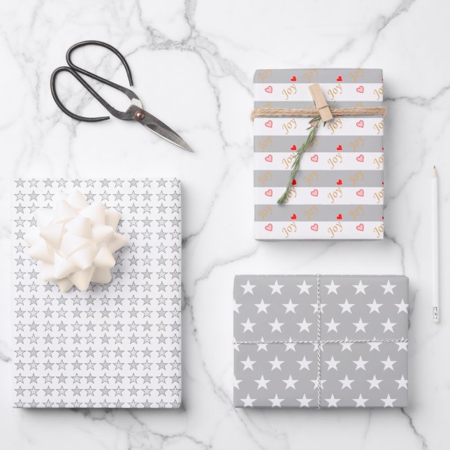 Sterne & Herzen auf Silbergrau und Weiß Geschenkpapier Set (Vorderseite)