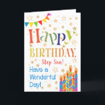 Sterne, Jagd, Kerzen für Step Son Birthday Karte<br><div class="desc">Eine farbenfrohe, textbasierte Geburtstagskarte für einen Step Son mit Polka Dot Bunting, hellen, gestreiften Geburtstagskuchen und vergoldeten Sternen. Der gemusterte Text sagt: "Glücklich zum Geburtstag" und es gibt auch "Schöne Tage!" in blauer Schrift (NB werden die Sterne und Konturen des Goldenen Effekts wie sichtbar und nicht in metallischer Tinte gedruckt)....</div>