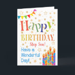 Sterne, Jagd, Kerzen für Step Son Birthday Karte<br><div class="desc">Eine farbenfrohe, textbasierte Geburtstagskarte für einen Step Son mit Polka Dot Bunting, hellen, gestreiften Geburtstagskuchen und vergoldeten Sternen. Der gemusterte Text sagt: "Glücklich zum Geburtstag" und es gibt auch "Schöne Tage!" in blauer Schrift (NB werden die Sterne und Konturen des Goldenen Effekts wie sichtbar und nicht in metallischer Tinte gedruckt)....</div>