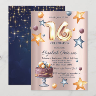 Sterne Kuchen Marineblau Roségold Sweet 16 Einladu Einladung