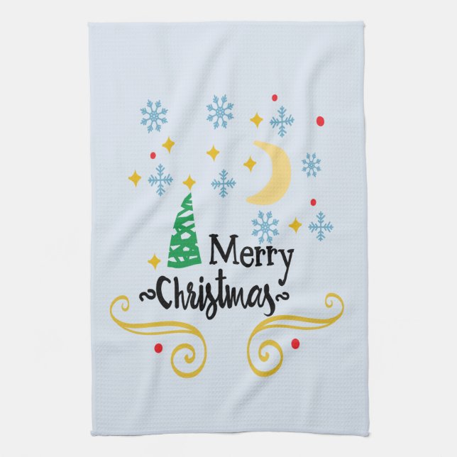 Sterne, Mond, Schneeflocken und frohe Weihnachten, Geschirrtuch (Vertikal)
