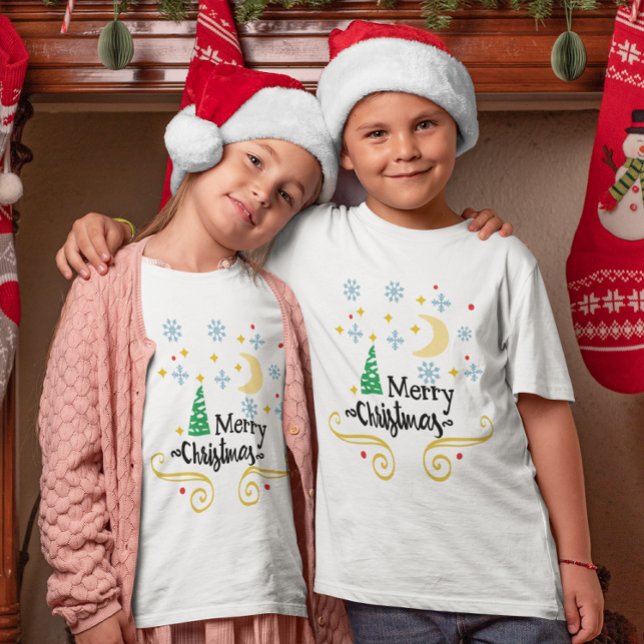 Sterne, Mond, Schneeflocken und fröhliche Weihnach T-Shirt (Stars, Moon, Snowflakes, and Merry Christmas Kids T-Shirt)