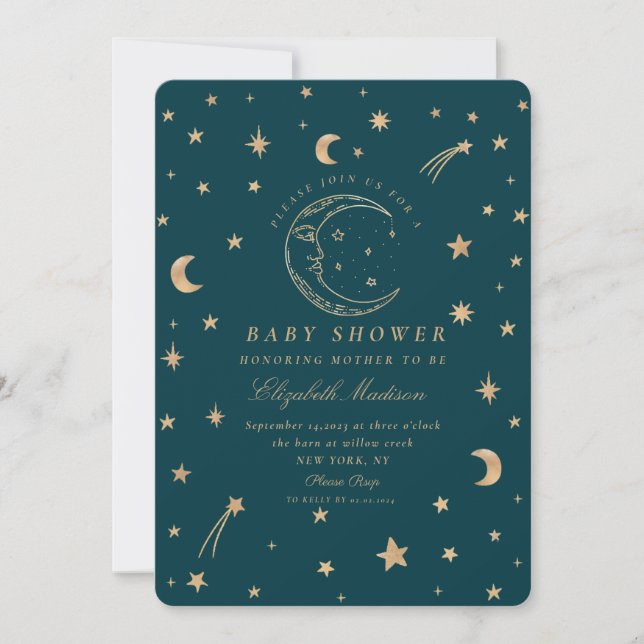 Sterne Niedlich Moon Golden Galaxy Babydusche Einladung (Vorderseite)