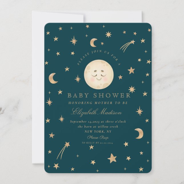 Sterne Niedlich Moon Golden Galaxy Babydusche Einladung (Vorderseite)