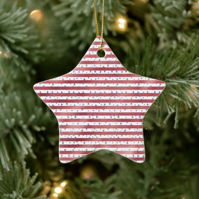 Sterne Streifen Rot Weiß Blau Keramik Ornament (Baum)
