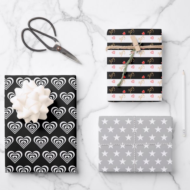 Sterne und Herzen auf Schwarz und Weiß Geschenkpapier Set (Vorderseite)