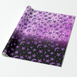Sterne und Mond-schwarze lila Pflaume funkelnd Geschenkpapier