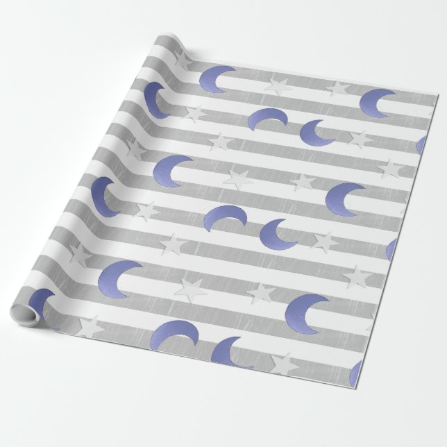 Sterne und Monde Grau und Blau Geschenkpapier (Ungerollt)
