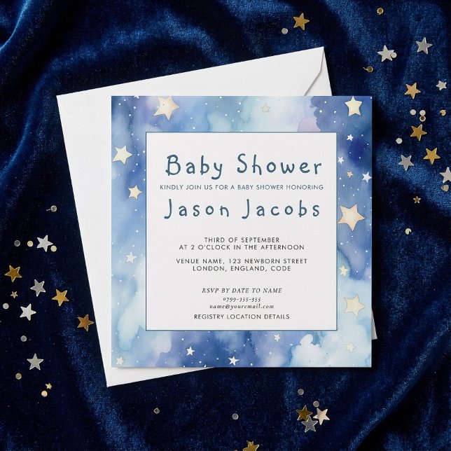 Sterne und Nachthimmel Baby Dusche blau Einladung (Stars and night sky baby shower blue invitation.)
