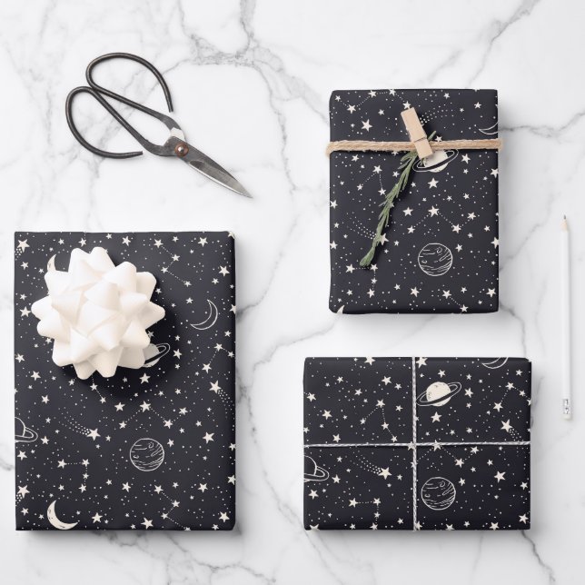 Sterne und Planeten Muster Geschenkpapier Set (Vorderseite)