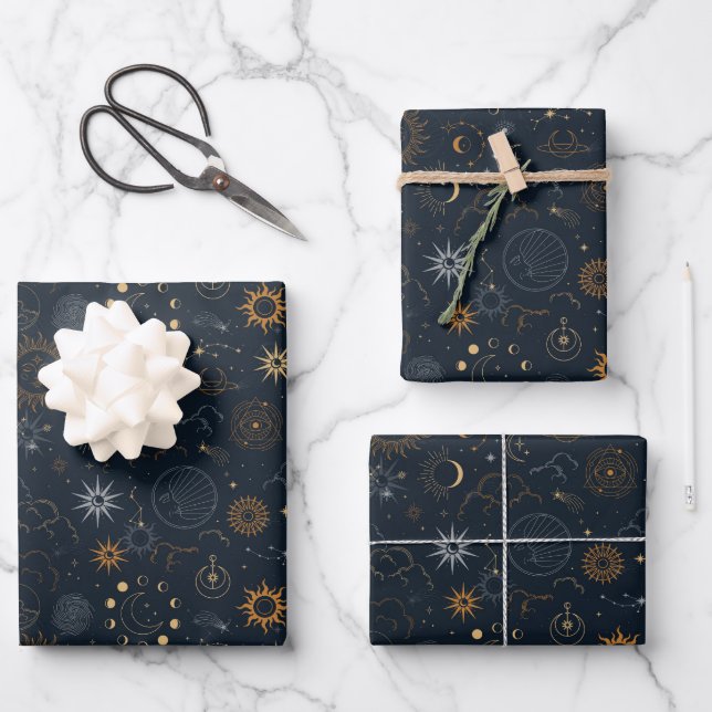 Sterne und Planeten Muster Geschenkpapier Set (Vorderseite)
