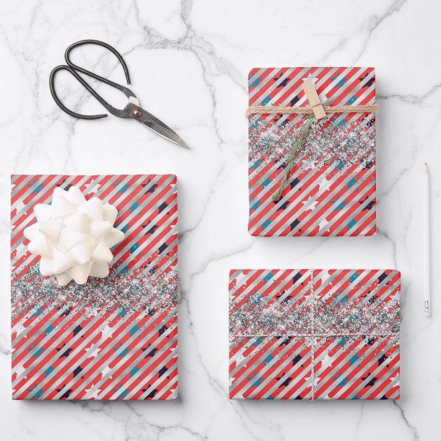 Sterne und Silberstreifen Glitzer Unabhängigkeitst Geschenkpapier Set (Vorderseite)