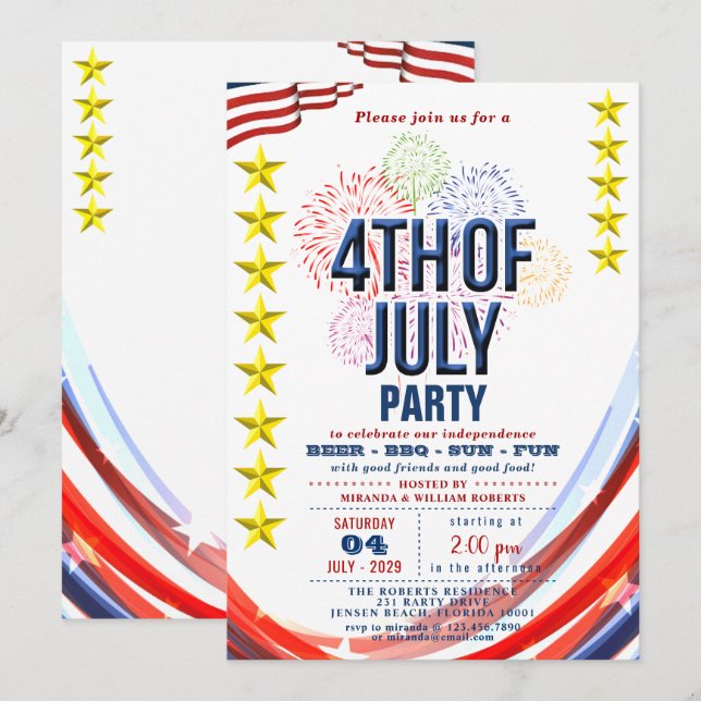 Sterne und Streifen mit Feuerwerk 4. Juli Party Einladung (Vorne/Hinten)