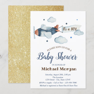 Sterne, Wolken, Flugzeug Gold Glitzer Babydusche Einladung