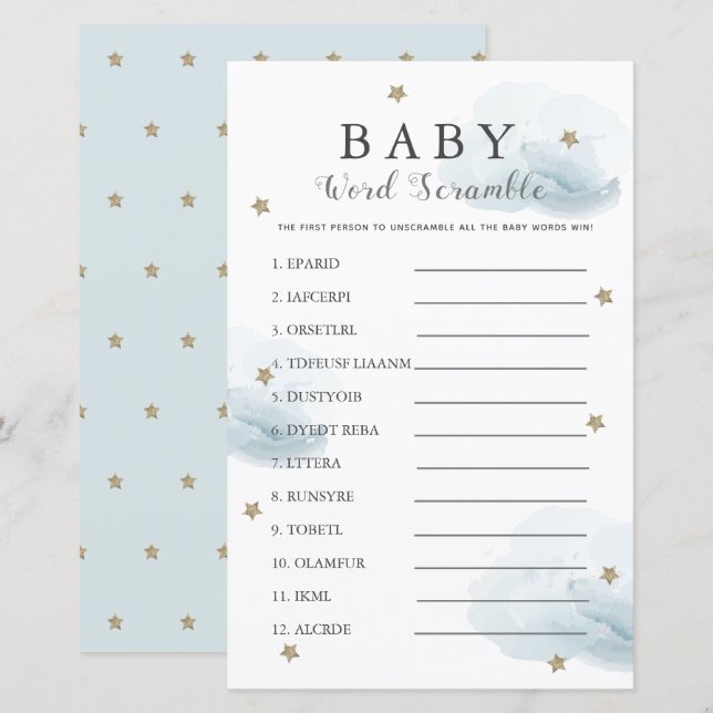 Sterne & Wolken Word Scramble Baby Dusche Blue Gam (Vorne/Hinten)