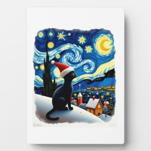 Sternenfestliche Weihnachts-Schwarze-Katze-Santa-M Fotoplatte