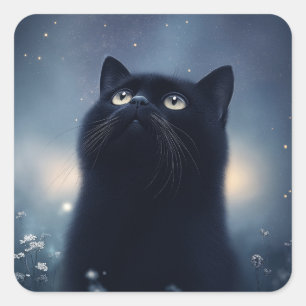 Sternengucken Schwarze Katze unter einem Mitternac Quadratischer Aufkleber