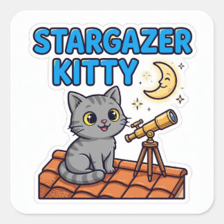 Sternengucker-Kitty-Aufkleber — Graue Katze Telesk Quadratischer Aufkleber