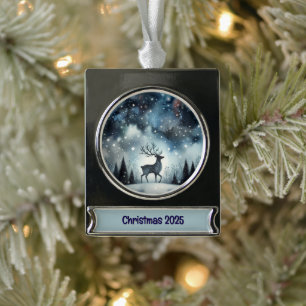 Sternenhafte Winternacht Hirsche Banner-Ornament Silber