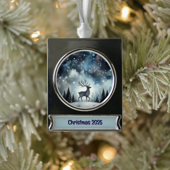 Sternenhafte Winternacht Hirsche Banner-Ornament Silber (Baum)