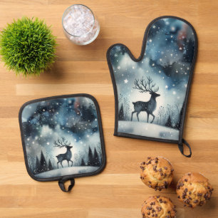 Sternenhafte Winternacht Hirsche Ofenhandschuh & Topflappen-Set