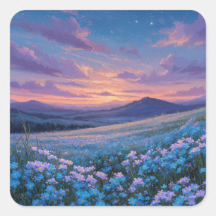 Sternenhimmel über einer blauen Wildblumenwiese Quadratischer Aufkleber