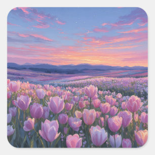 Sternenhimmel über rosa Tulpenwiese Quadratischer Aufkleber