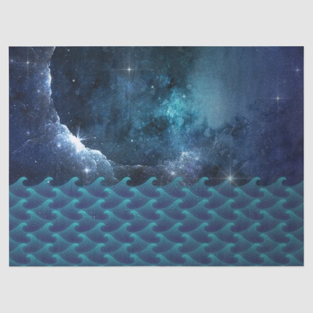 Sternenhimmel und Wolkenkratzer über Wellen Seidenpapier (Vorderseite)