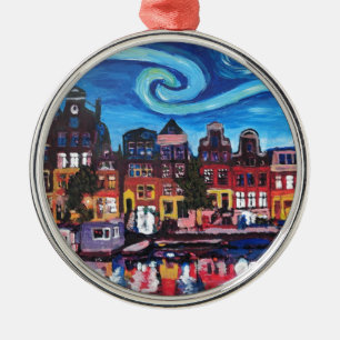 Sternenklare Nacht über Amsterdam-Kanal Silbernes Ornament