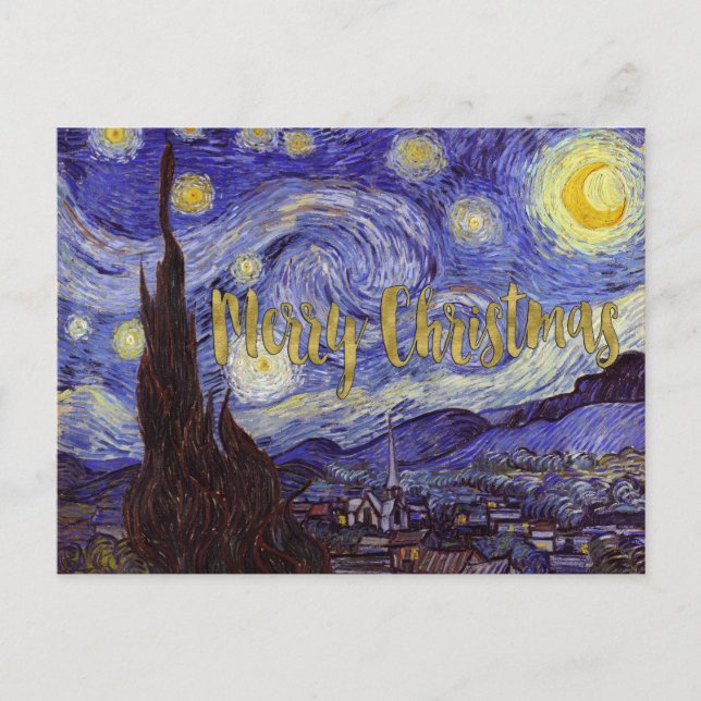 Sternenklare Nachtfrohe Weihnacht-Goldkunst Van Feiertagspostkarte (Vorderseite)