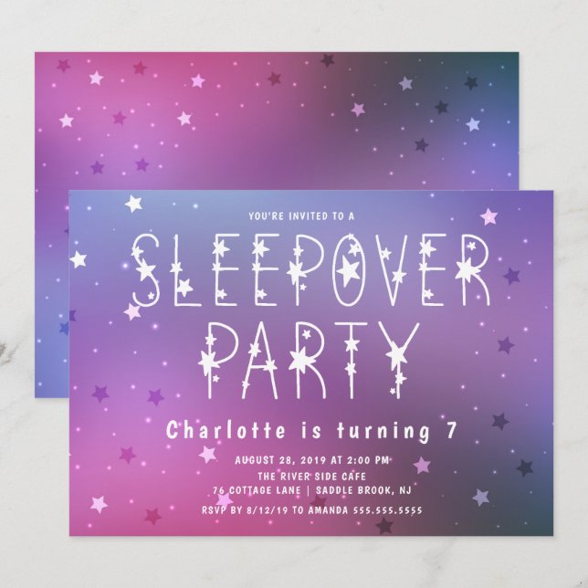 Sternenklare NachtmädchenSleepover Einladung (Vorne/Hinten)