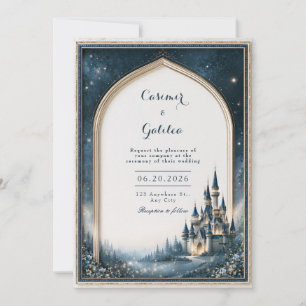 Sternenklares Navy-Burg-Gotik-Bogen-Hochzeit Einladung