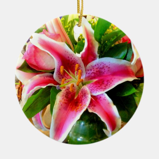 Sternenlilie und Rosenbukett Keramik Ornament (Vorne)
