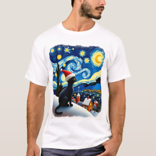 Sternennacht Festives Weihnachten Schwarze Katze W T-Shirt